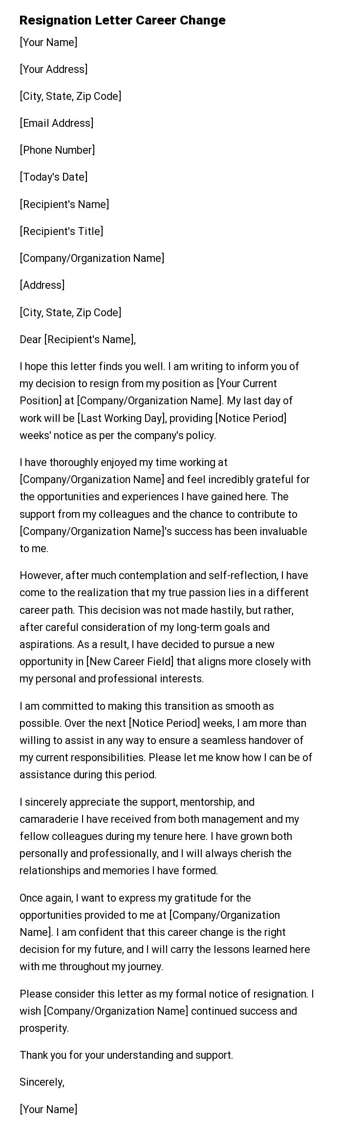 Resignation Letter Career Change
