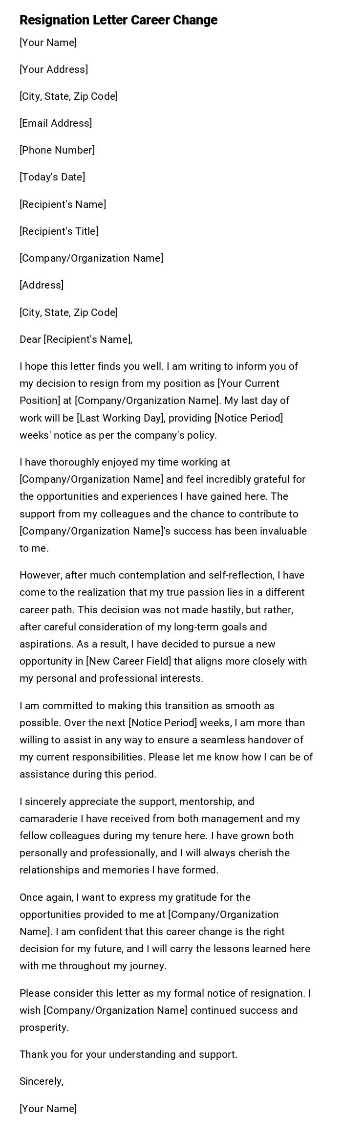 Resignation Letter Career Change