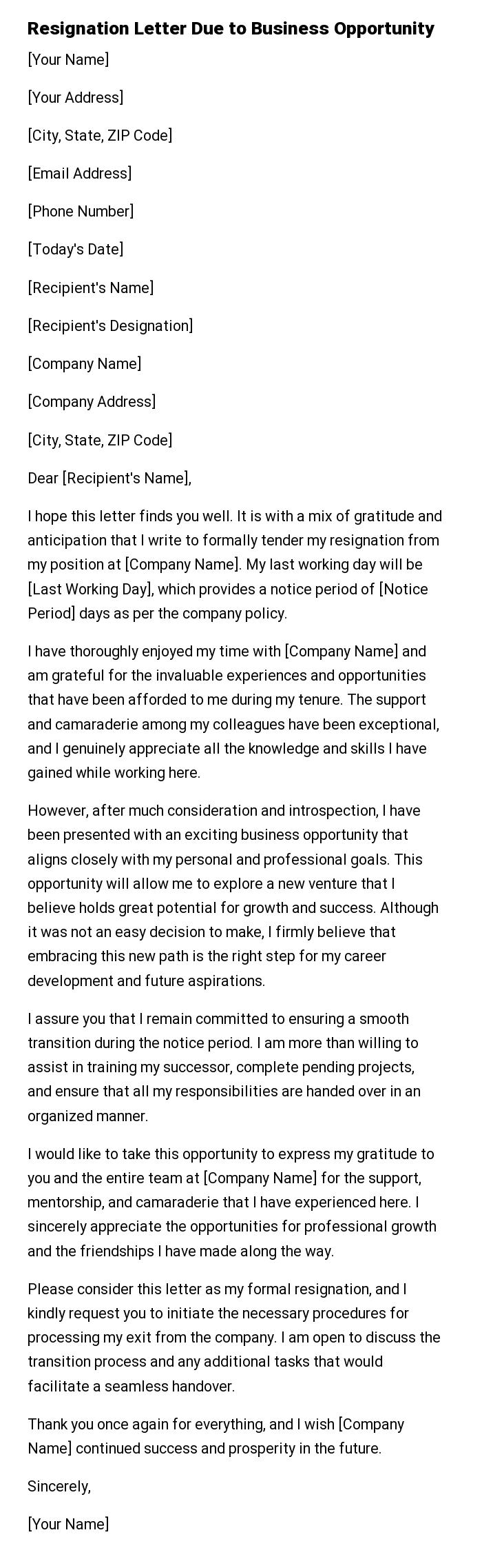 Resignation Letter Due to Business Opportunity