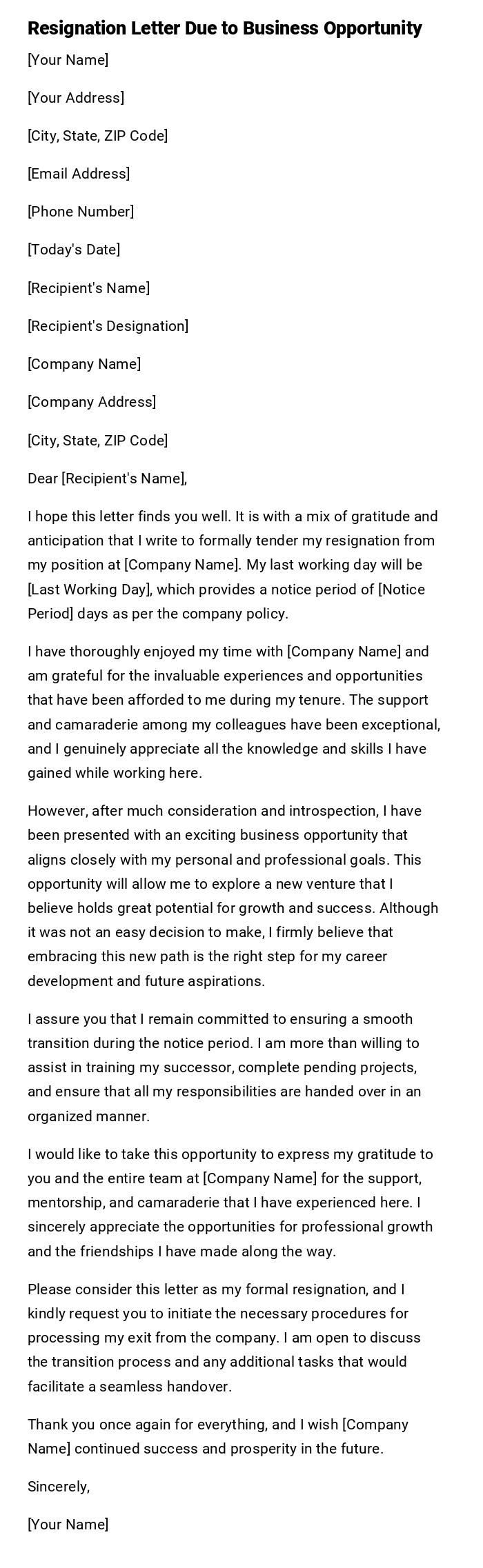 Resignation Letter Due to Business Opportunity