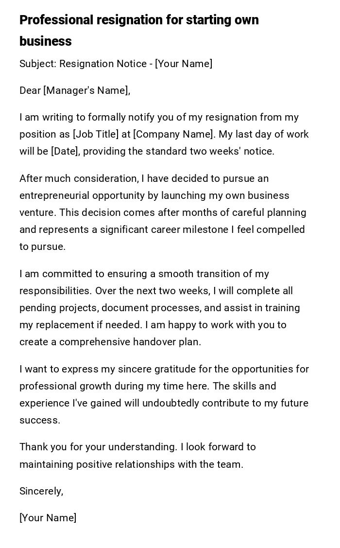 Professional resignation for starting own business
