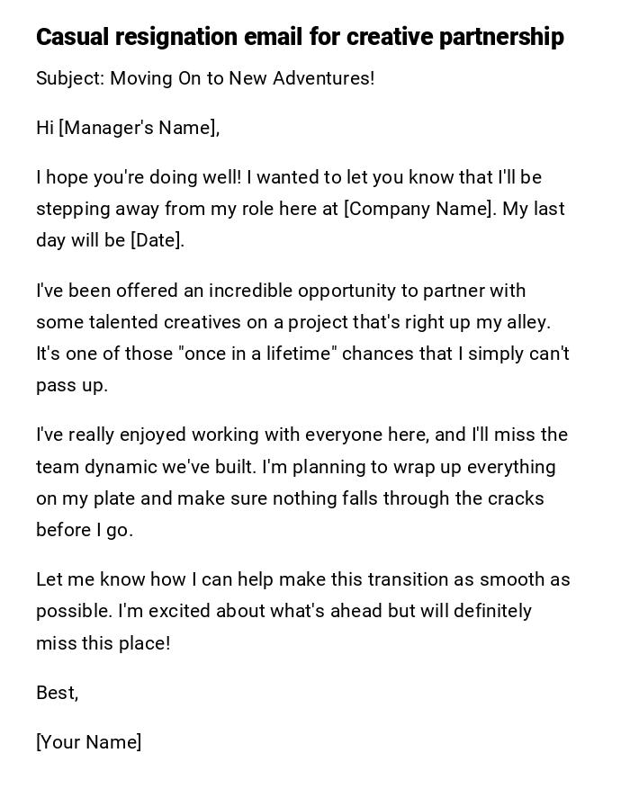 Casual resignation email for creative partnership