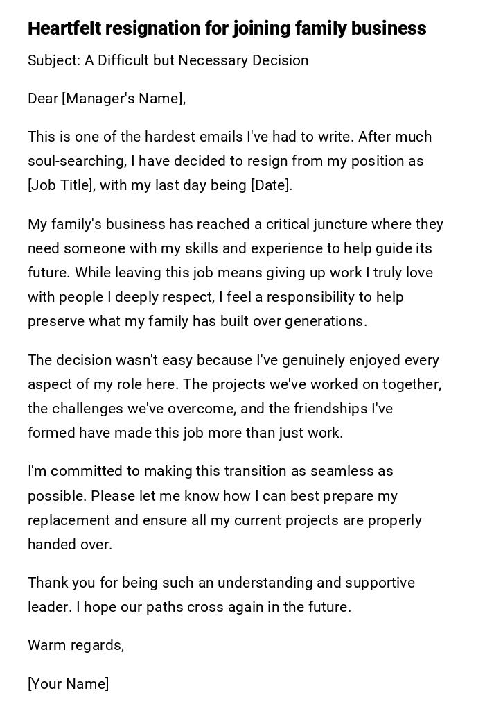 Heartfelt resignation for joining family business