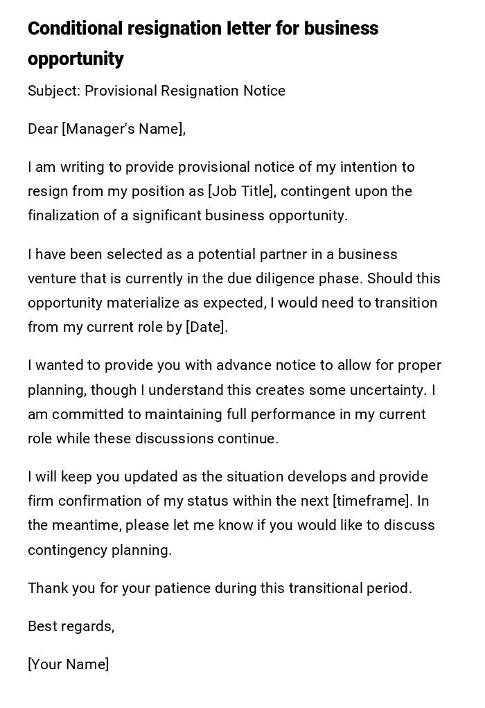 Conditional resignation letter for business opportunity