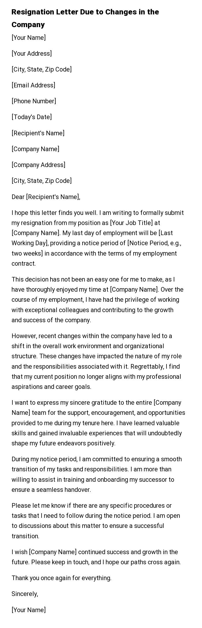 Resignation Letter Due to Changes in the Company