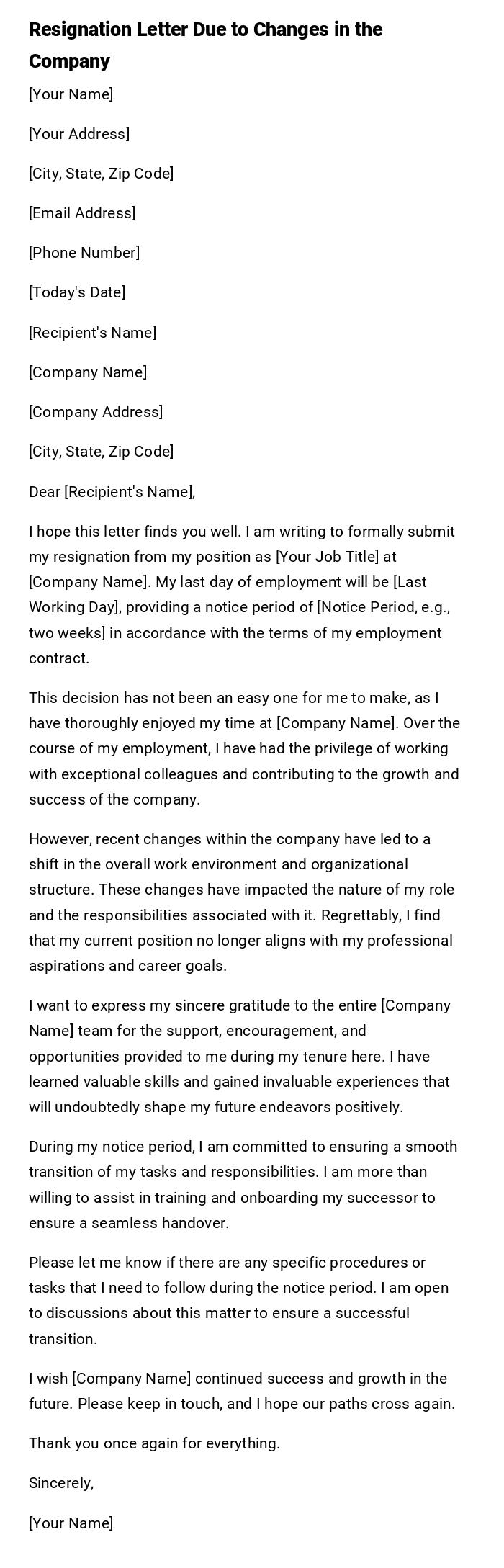 Resignation Letter Due to Changes in the Company