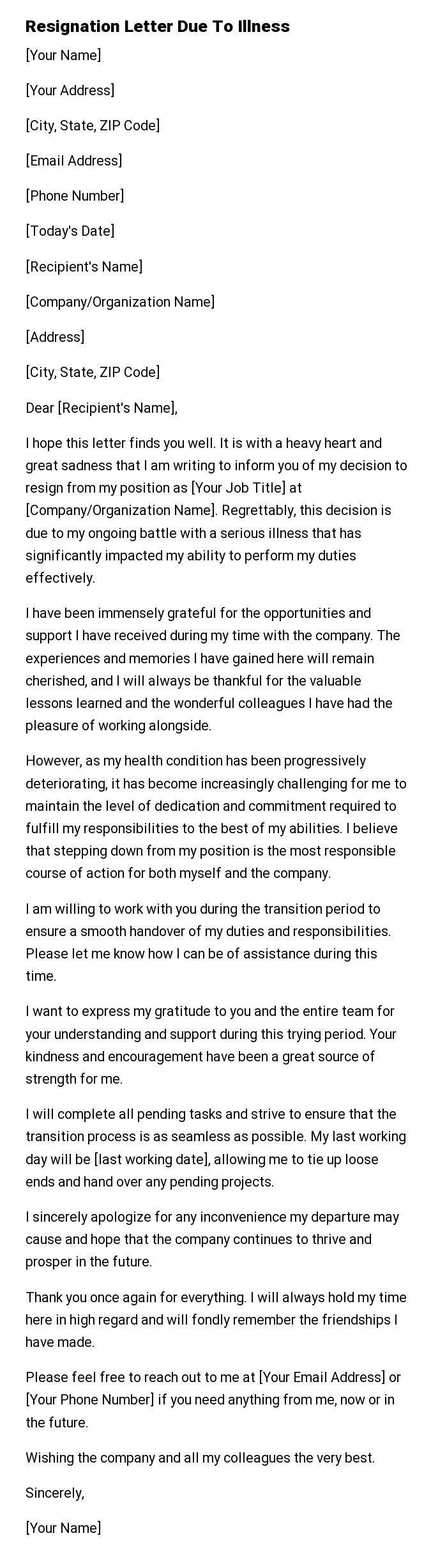 Resignation Letter Due To Illness