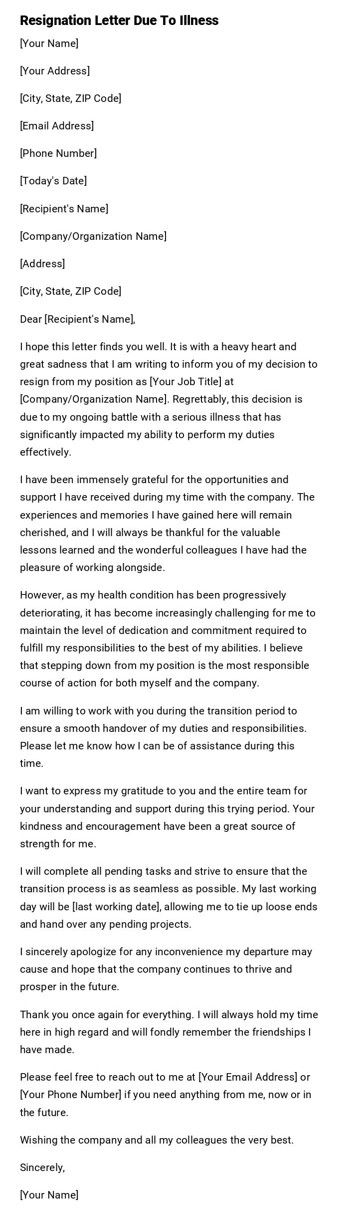 Resignation Letter Due To Illness