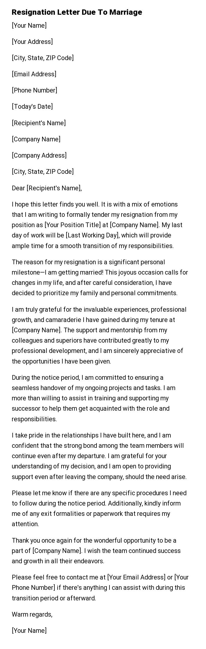 Resignation Letter Due To Marriage