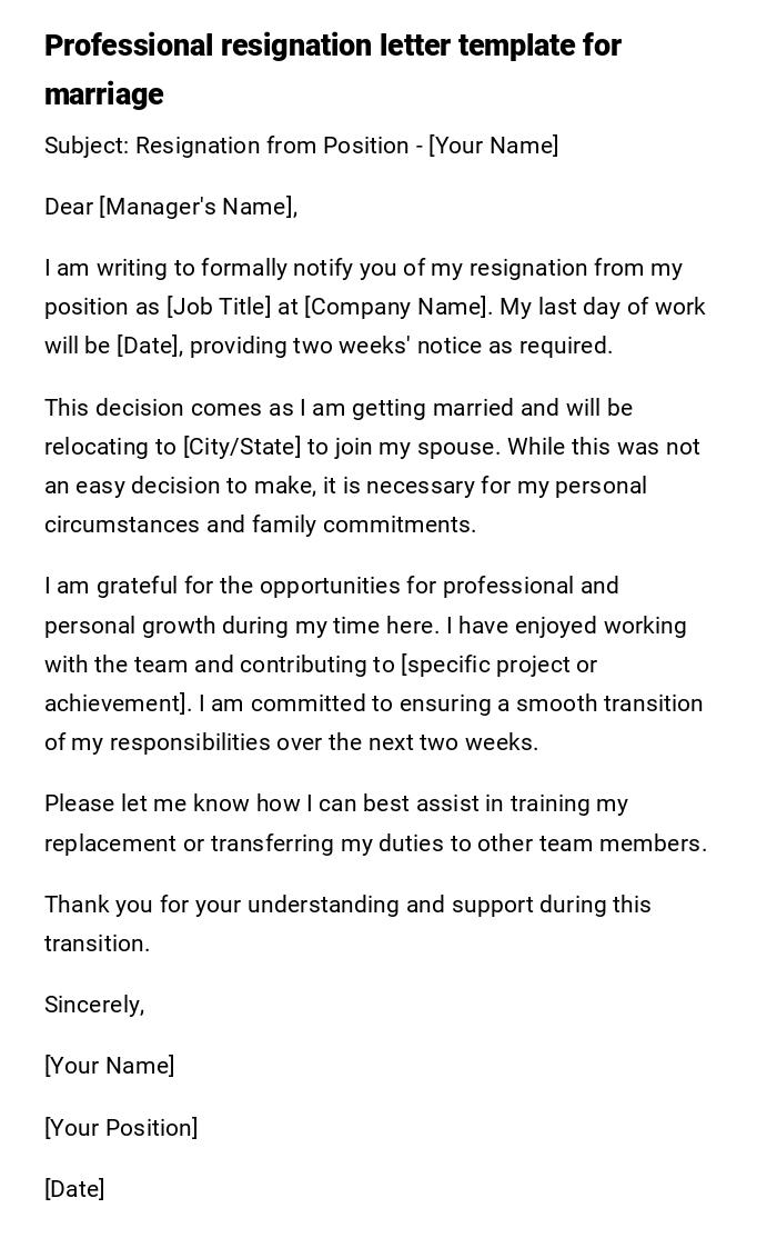 Professional resignation letter template for marriage Professional resignation letter template for marriage