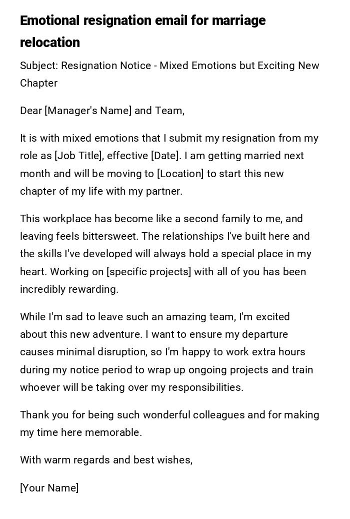 Emotional resignation email for marriage relocation Emotional resignation email for marriage relocation