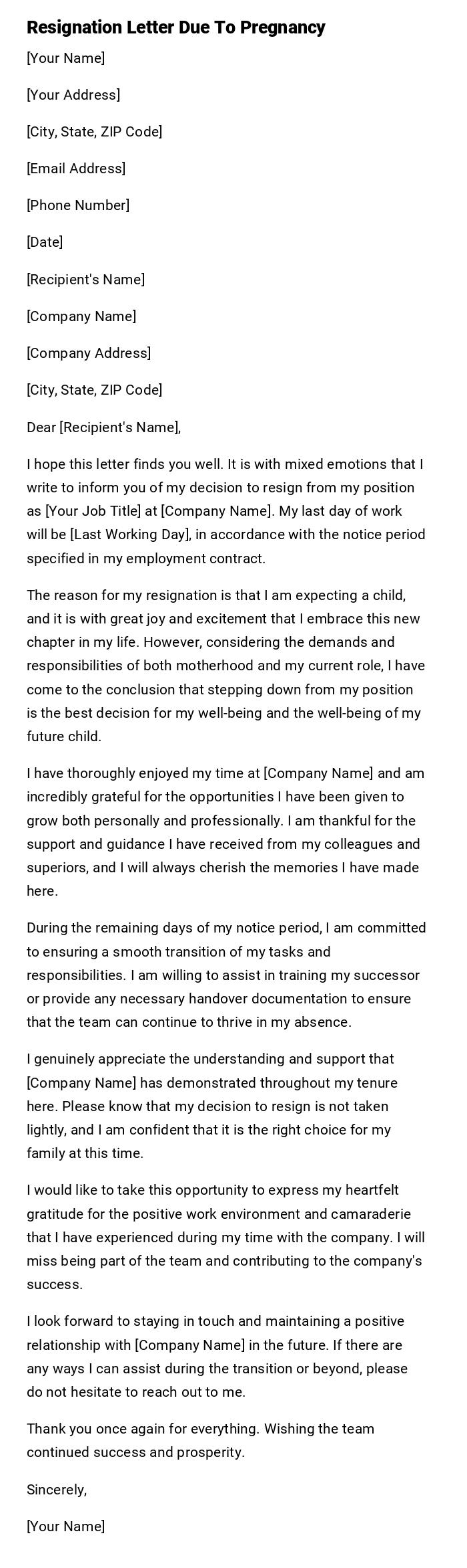 Resignation Letter Due To Pregnancy Resignation Letter Due To Pregnancy
