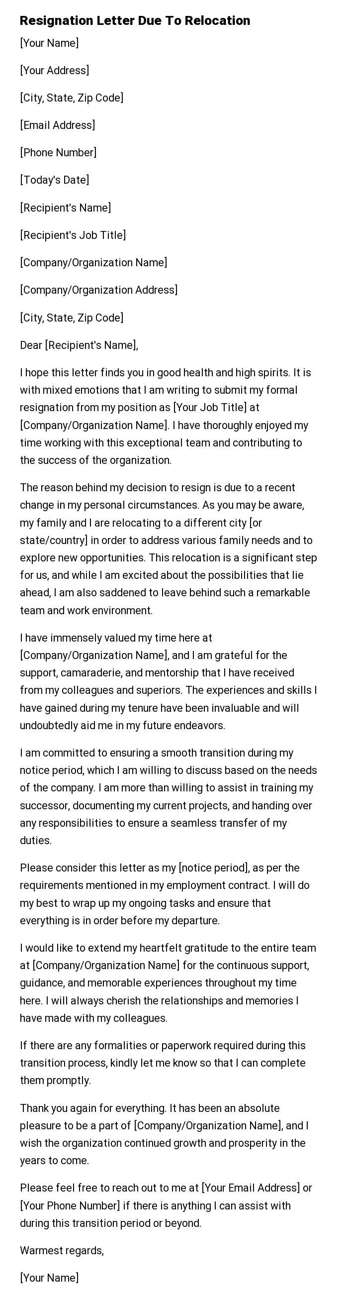 Resignation Letter Due To Relocation