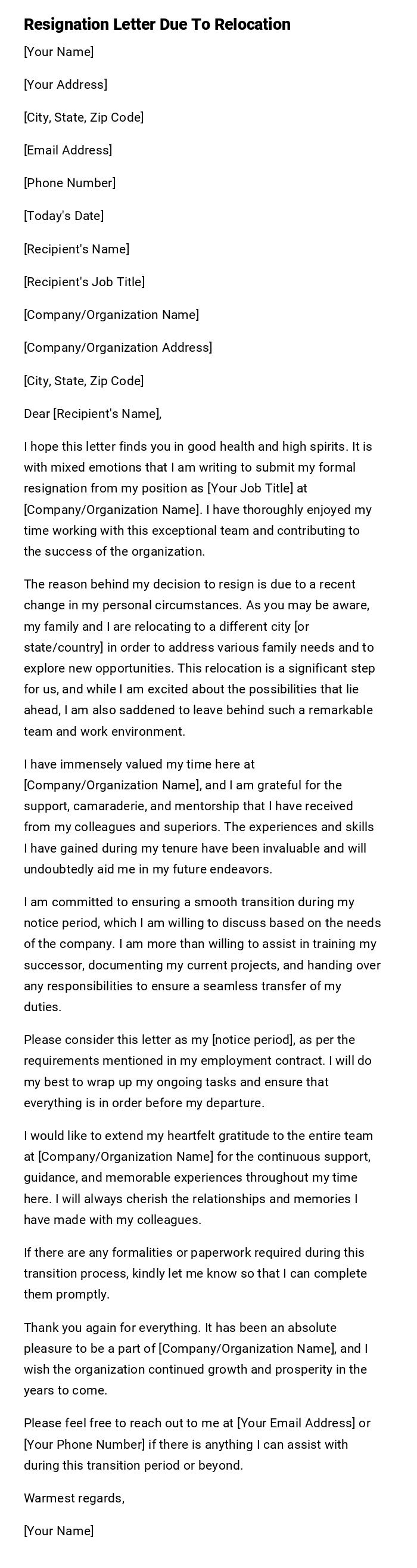 Resignation Letter Due To Relocation