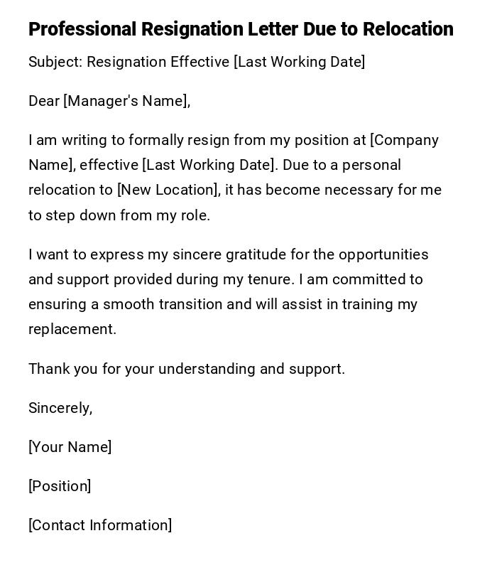Professional Resignation Letter Due to Relocation