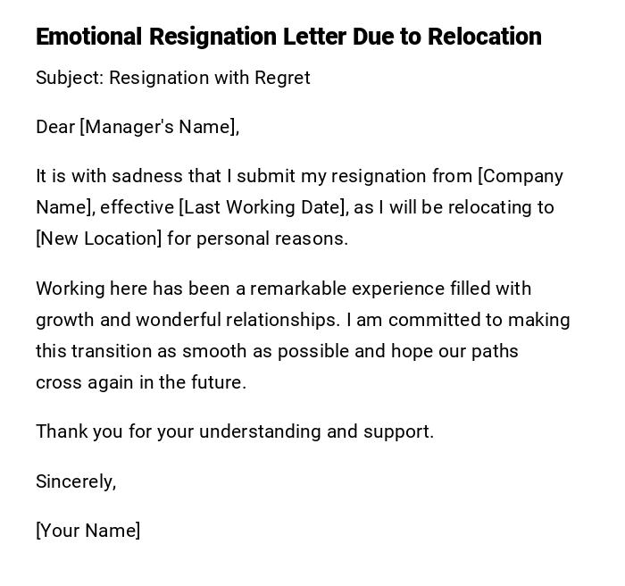 Emotional Resignation Letter Due to Relocation