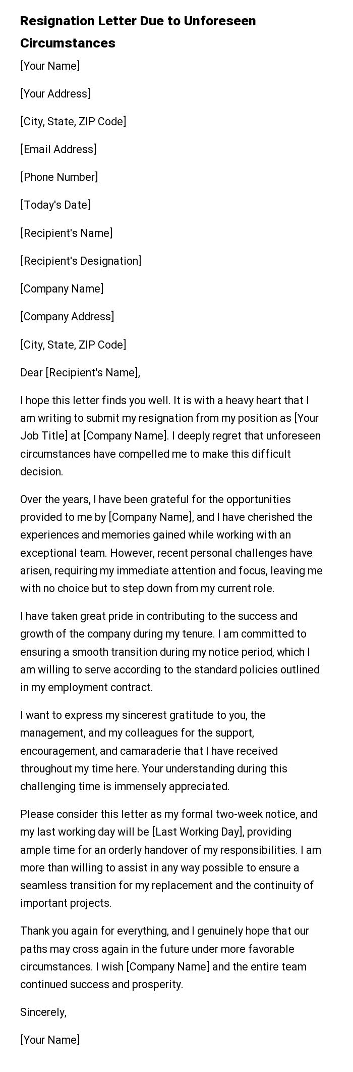 Resignation Letter Due to Unforeseen Circumstances