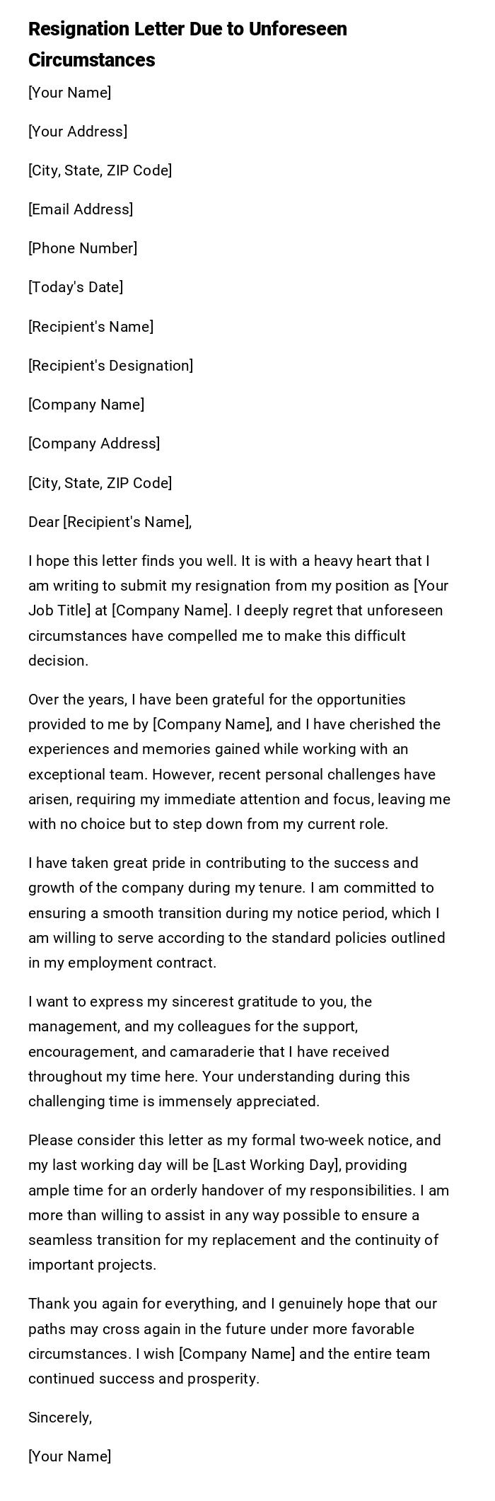 Resignation Letter Due to Unforeseen Circumstances