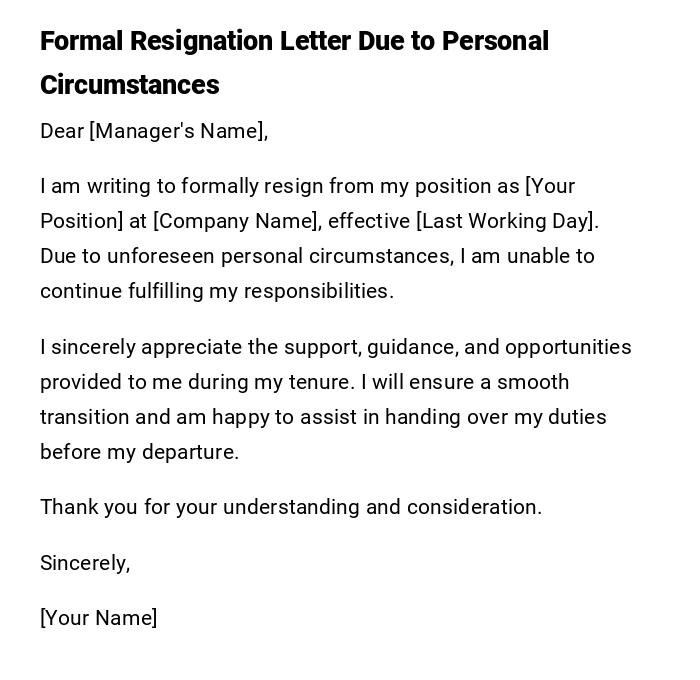 Formal Resignation Letter Due to Personal Circumstances