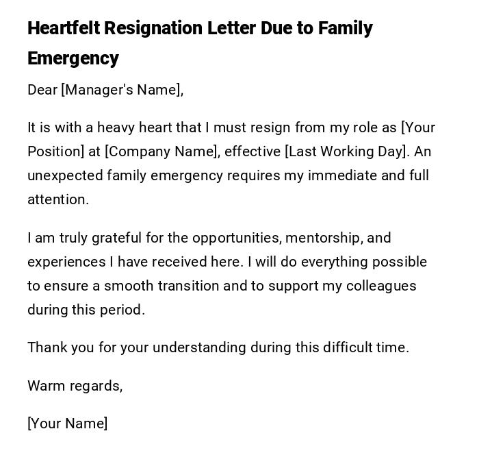 Heartfelt Resignation Letter Due to Family Emergency