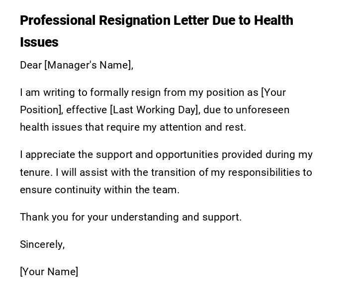 Professional Resignation Letter Due to Health Issues