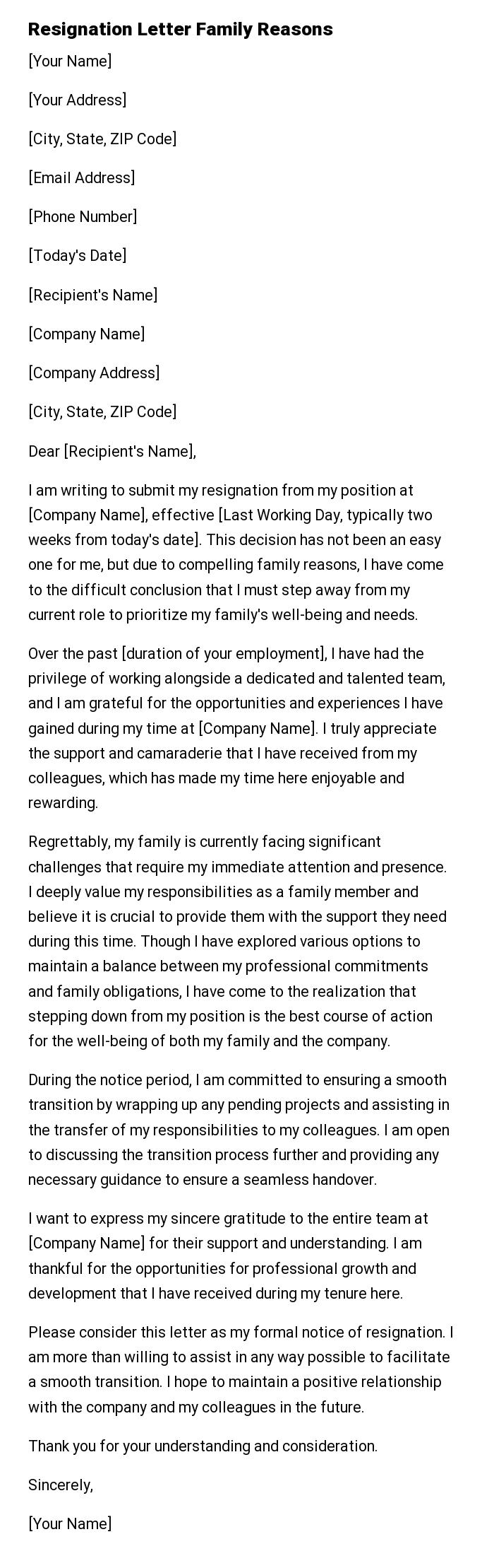 Resignation Letter Family Reasons