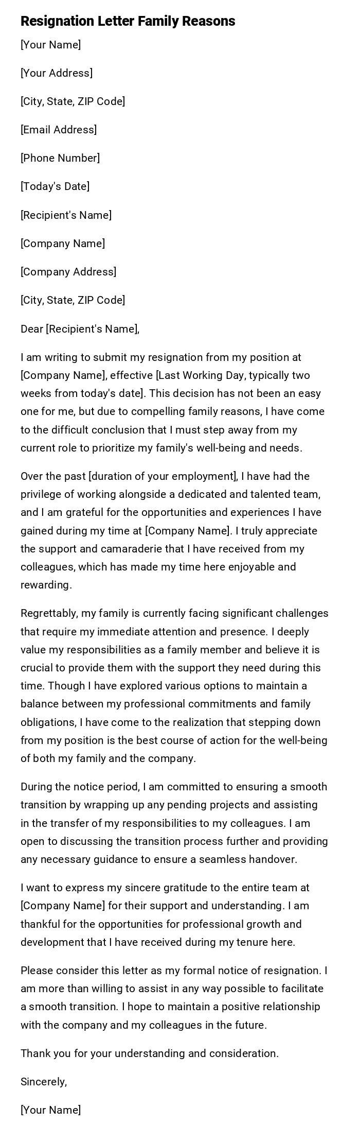 Resignation Letter Family Reasons