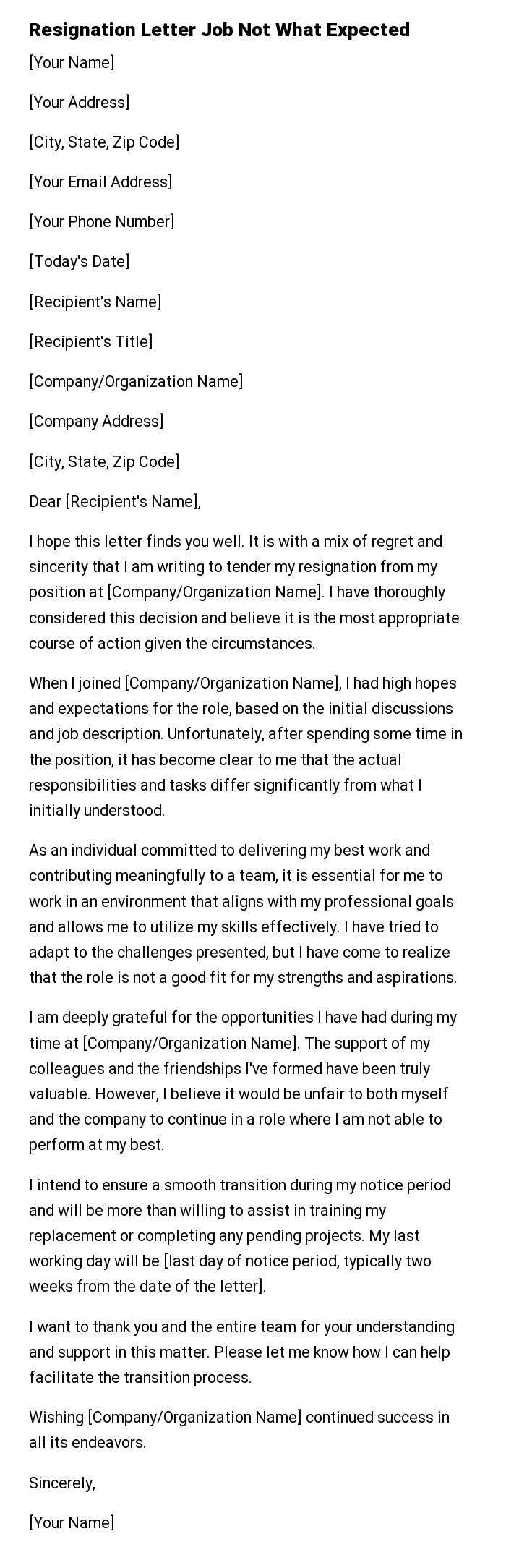 Resignation Letter Job Not What Expected