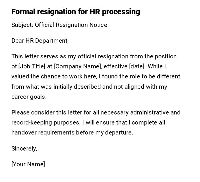 Formal resignation for HR processing