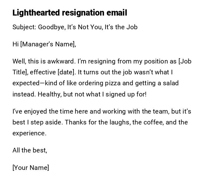 Lighthearted resignation email