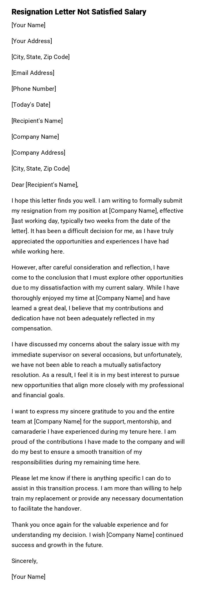 Resignation Letter Not Satisfied Salary