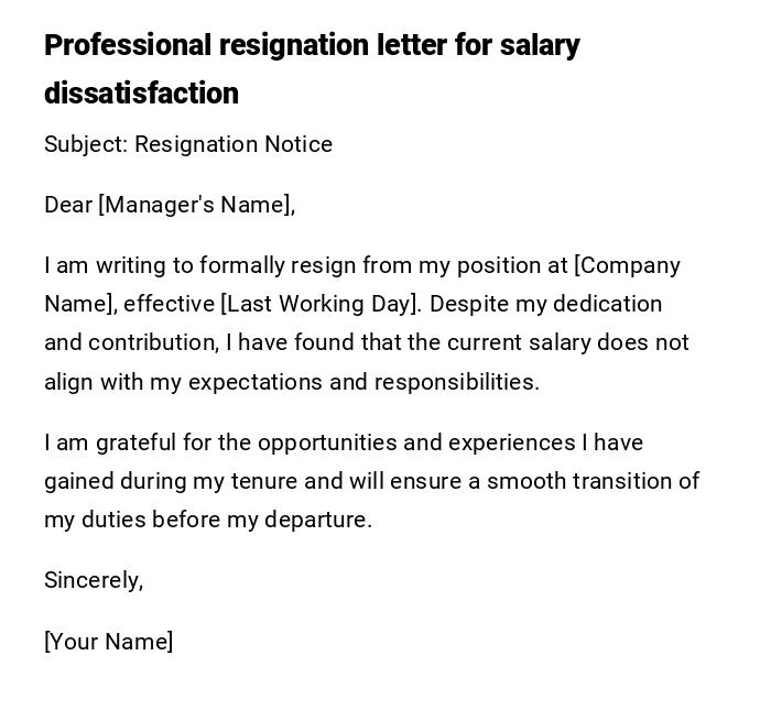 Professional resignation letter for salary dissatisfaction Professional resignation letter for salary dissatisfaction