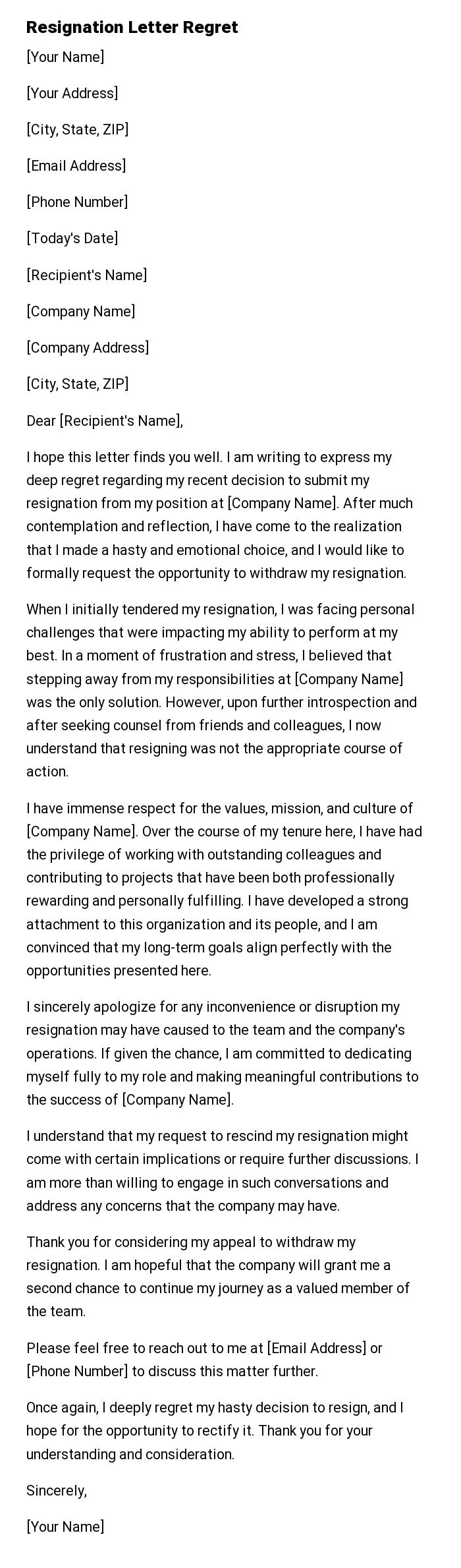 Resignation Letter Regret