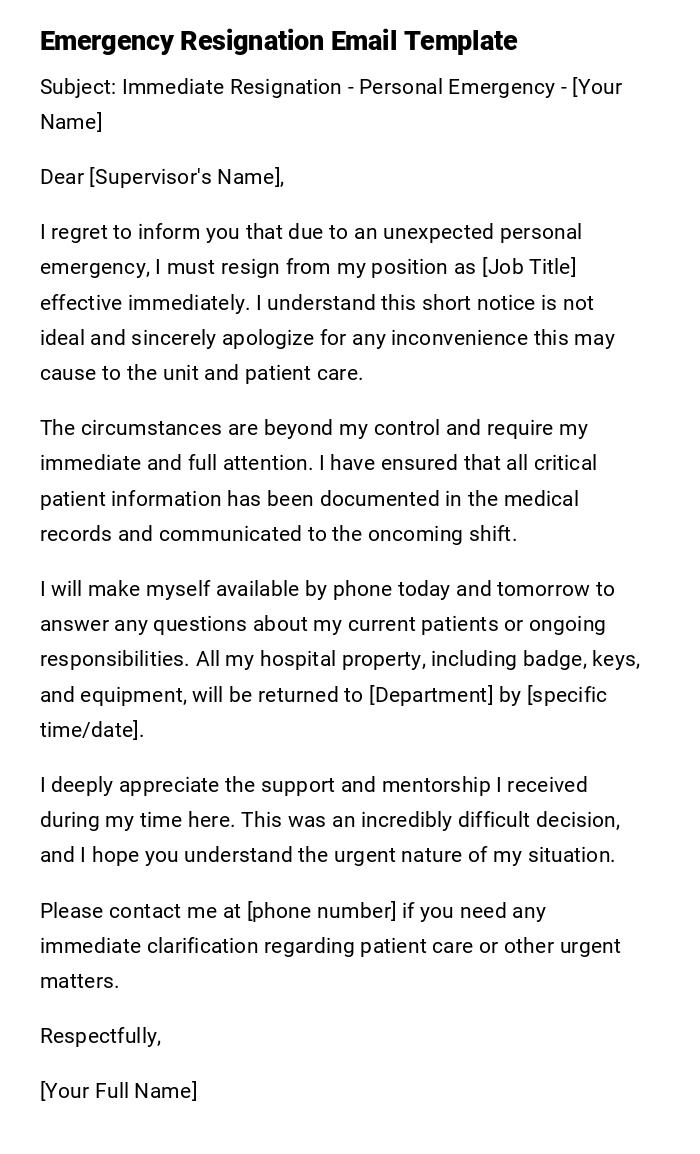 Emergency Resignation Email Template