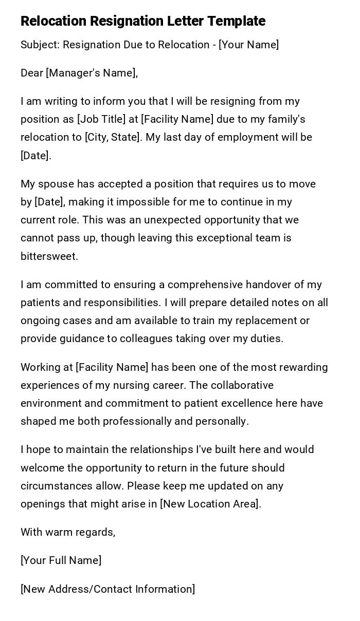 Relocation Resignation Letter Template