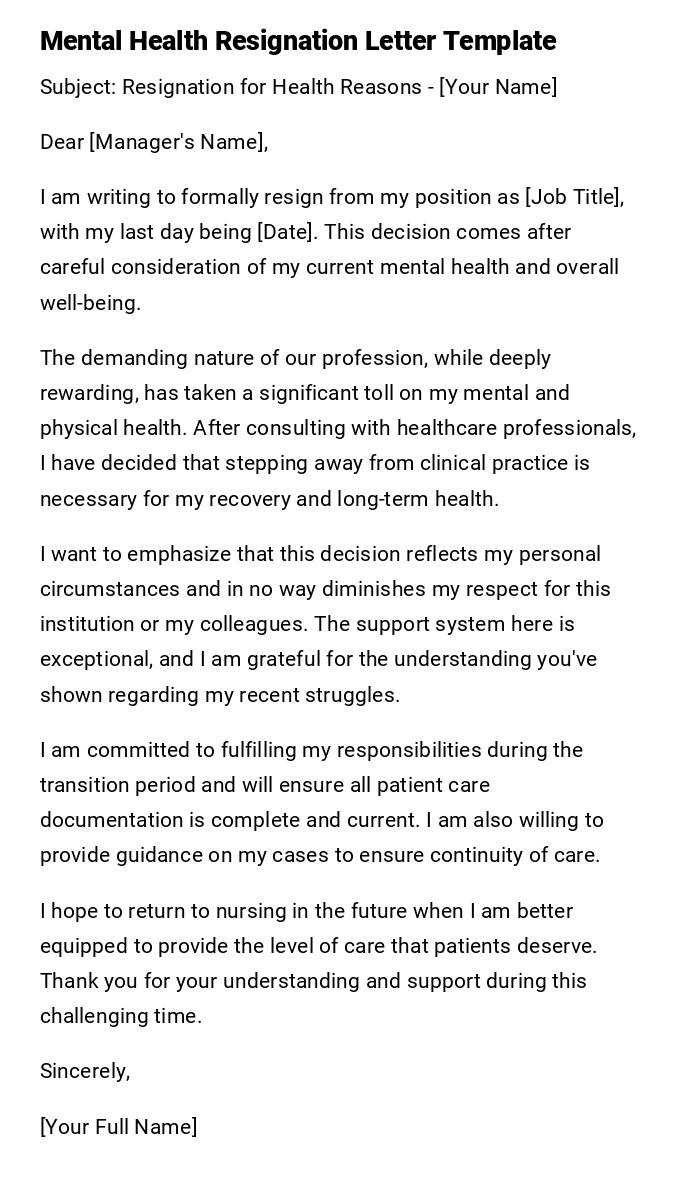 Mental Health Resignation Letter Template