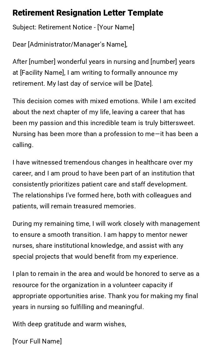 Retirement Resignation Letter Template