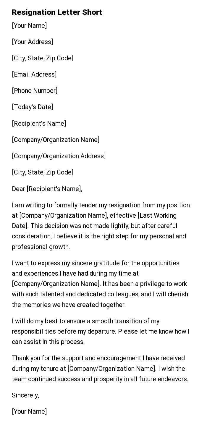 Resignation Letter Short