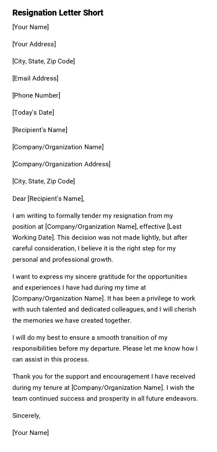 Resignation Letter Short