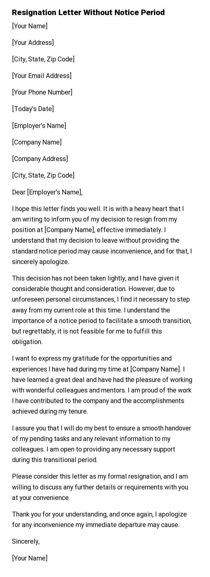 Resignation Letter Without Notice Period