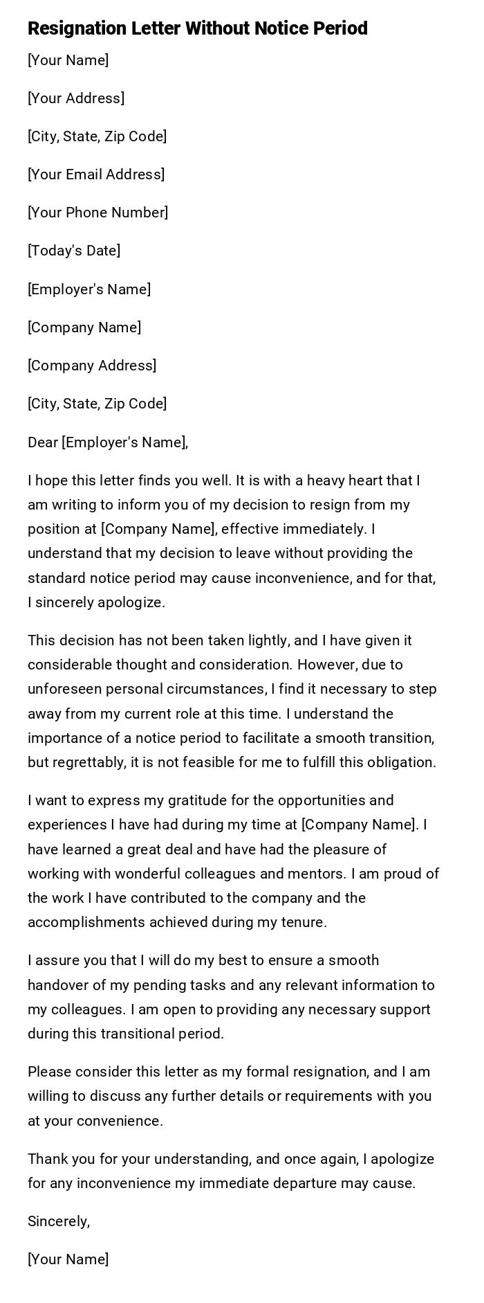 Resignation Letter Without Notice Period