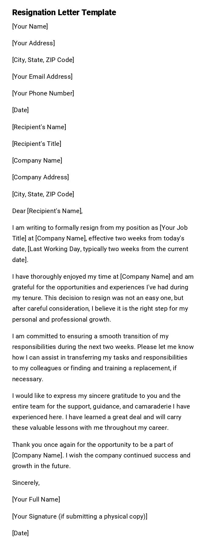 Resignation Letter Template