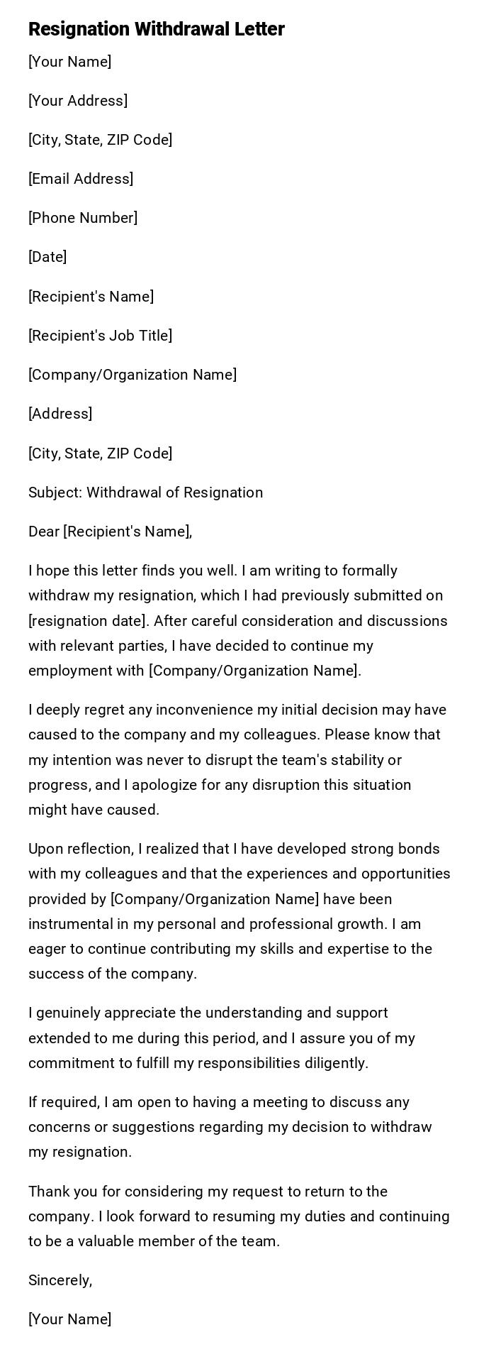 Resignation Withdrawal Letter