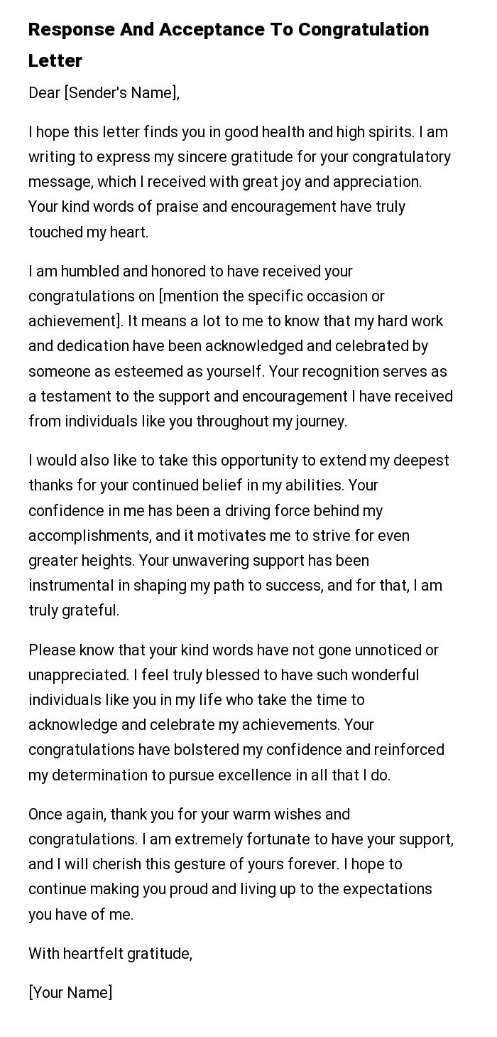 Response And Acceptance To Congratulation Letter