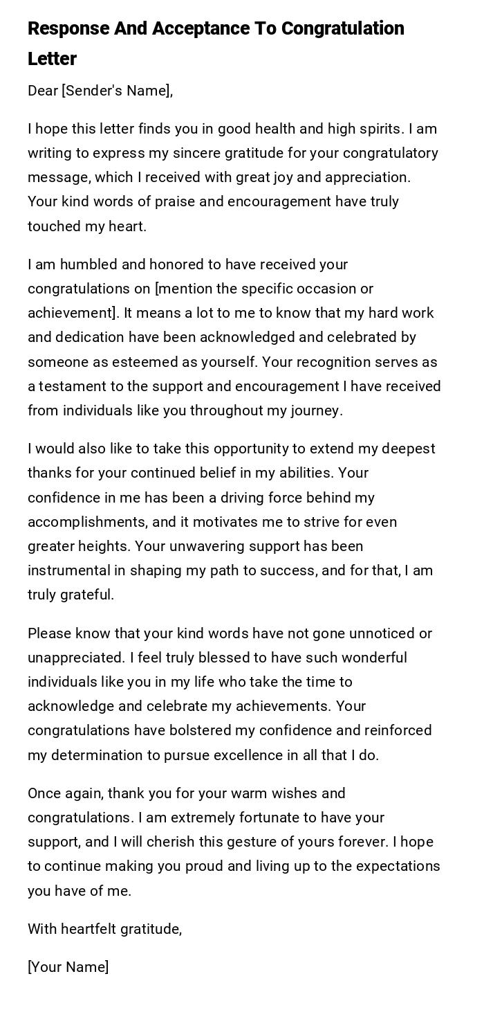 Response And Acceptance To Congratulation Letter