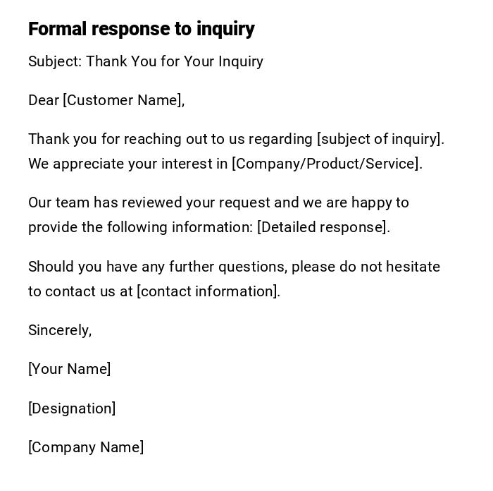 Formal response to inquiry