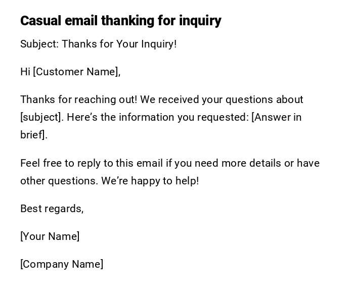 Casual email thanking for inquiry