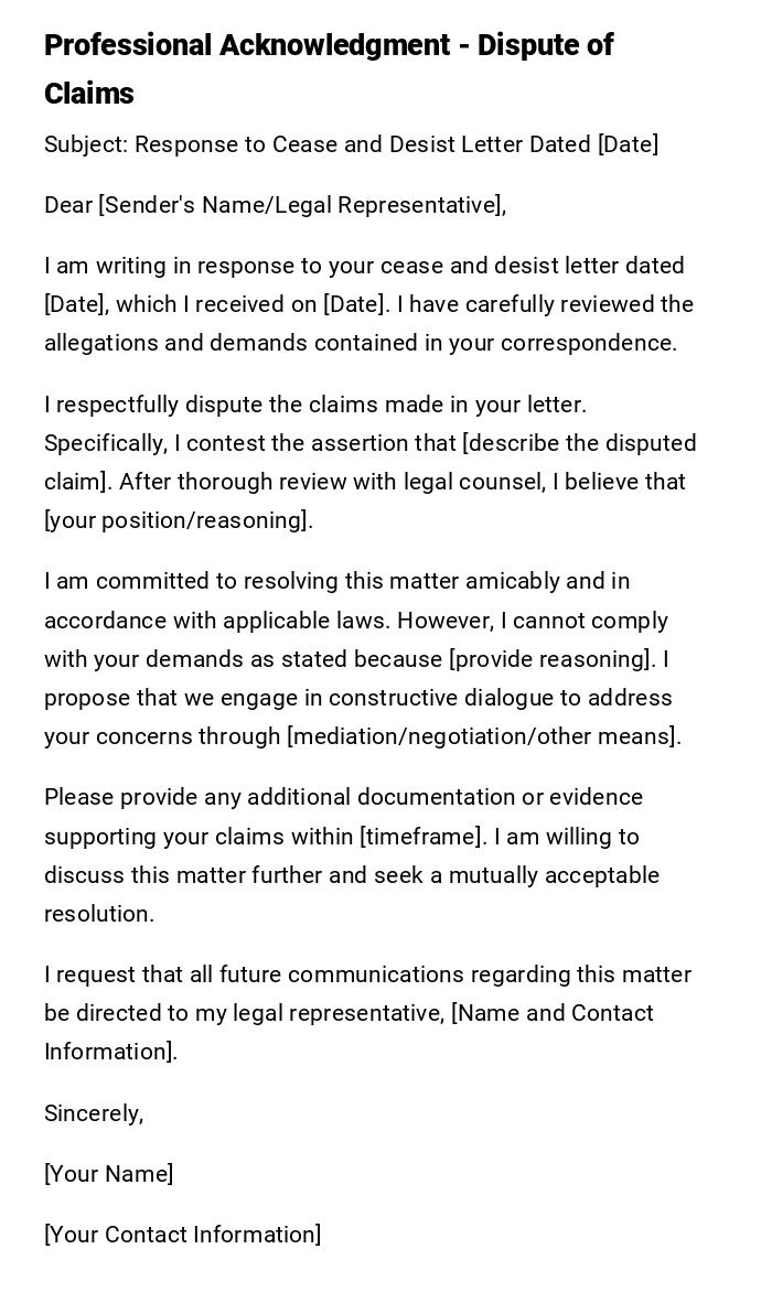 Professional Acknowledgment - Dispute of Claims Professional Acknowledgment - Dispute of Claims