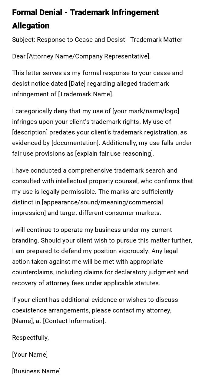 Formal Denial - Trademark Infringement Allegation Formal Denial - Trademark Infringement Allegation