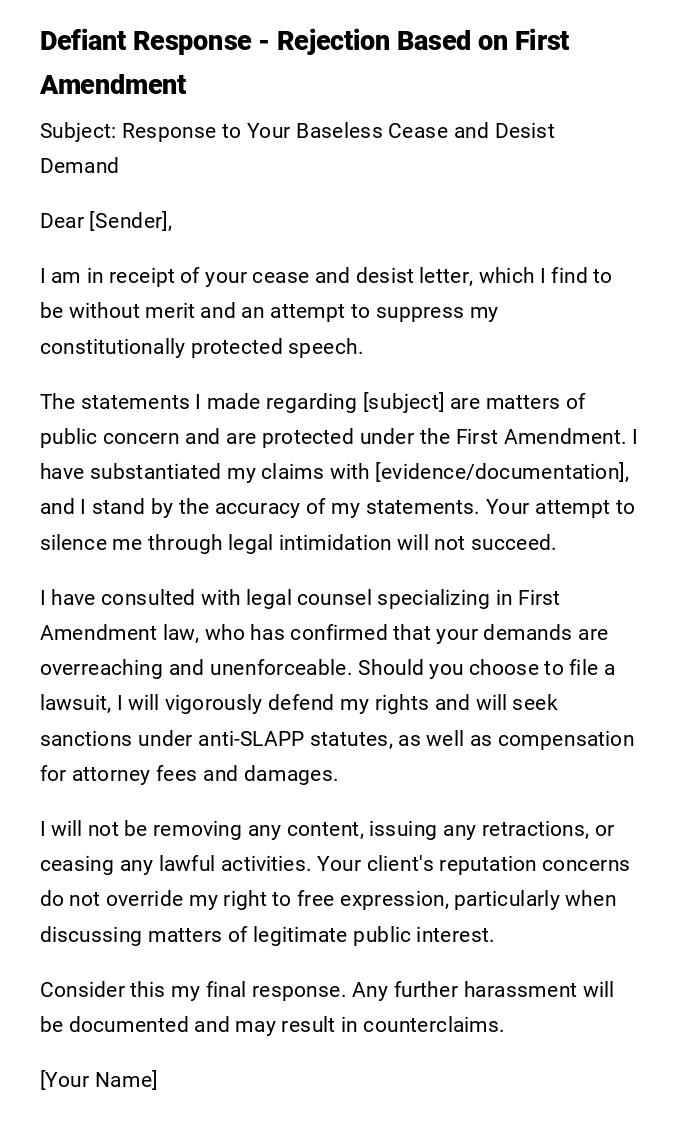 Defiant Response - Rejection Based on First Amendment Defiant Response - Rejection Based on First Amendment